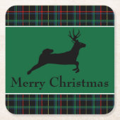 タータンチェックとトナカイのクリスマス スクエアペーパーコースター (正面)
