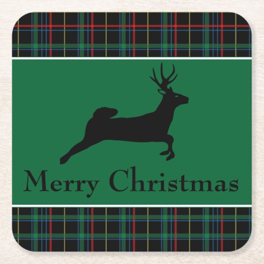 タータンチェックとトナカイのクリスマス スクエアペーパーコースター (正面)