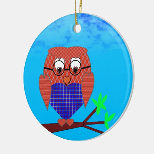 タータンチェックとハートフクロウ セラミックオーナメント (左)
