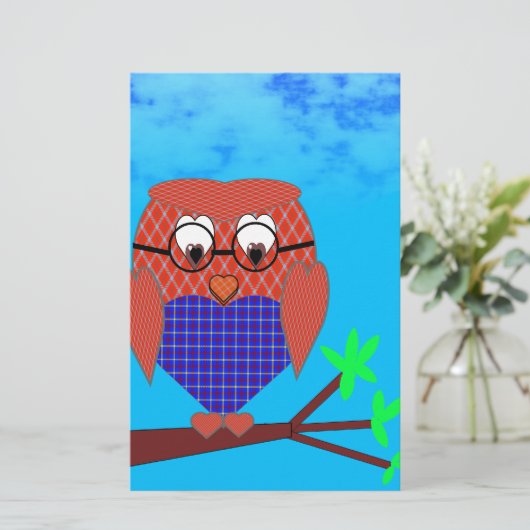 タータンチェックとハートフクロウ 便箋 (スタンド正面)