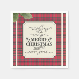 タータンチェックと名前入り メリークリスマス＆ハッピーニューイヤー スタンダードカクテルナプキン