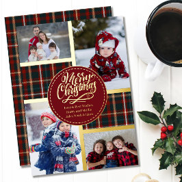 タータンチェックのメリークリスマス 4枚の写真 赤とゴールド 箔シーズンカード