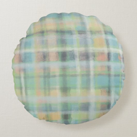 タータンチェックのモダン格子青黄 ラウンドクッション (正面)