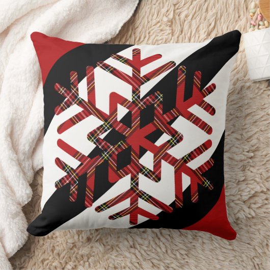 タータンチェックの大きな雪の結晶(赤と黒) クッション (ブランケット)