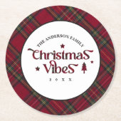 タータンチェックの宝物:レトロクリスマスビベス ラウンドペーパーコースター (正面)