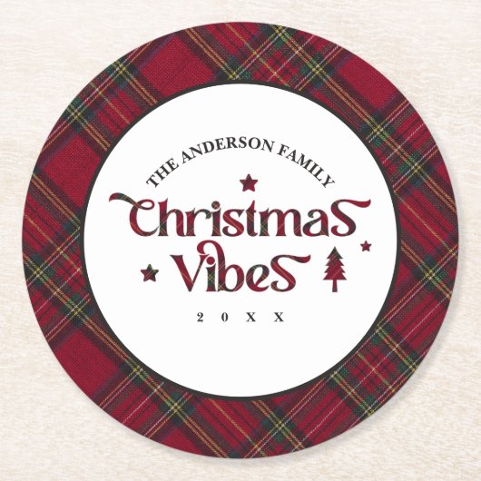 タータンチェックの宝物:レトロクリスマスビベス ラウンドペーパーコースター (正面)