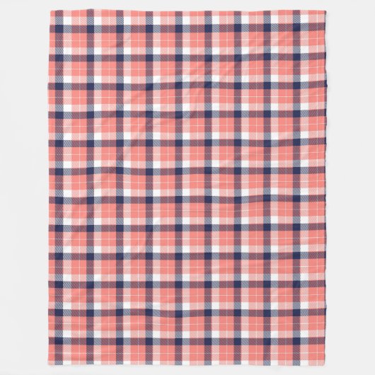 タータンチェックの格子毛布コーラルとネイビーヒュース フリースブランケット (正面)