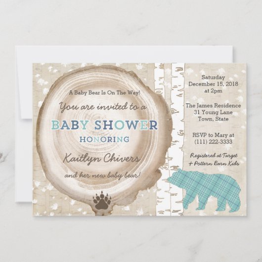 タータンチェックの森とクマ冬の赤ちゃんシャワー少年のために 招待状 (正面)