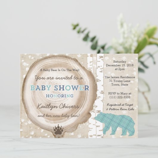 タータンチェックの森とクマ冬の赤ちゃんシャワー少年のために 招待状 (スタンド正面)