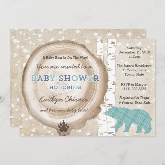 タータンチェックの森とクマ冬の赤ちゃんシャワー少年のために 招待状 (正面/裏面)