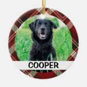 タータンチェックのPlaidパーソナライズされた Dogの写真（名前） セラミックオーナメント (正面)