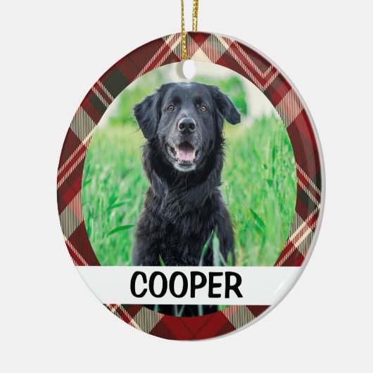 タータンチェックのPlaidパーソナライズされた Dogの写真（名前） セラミックオーナメント (左)