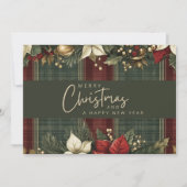 タータンチェックエレガントのプレイドポインセティアスメリークリスマス シーズンカード (正面)