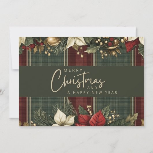 タータンチェックエレガントのプレイドポインセティアスメリークリスマス シーズンカード (正面)