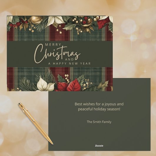 タータンチェックエレガントのプレイドポインセティアスメリークリスマス シーズンカード