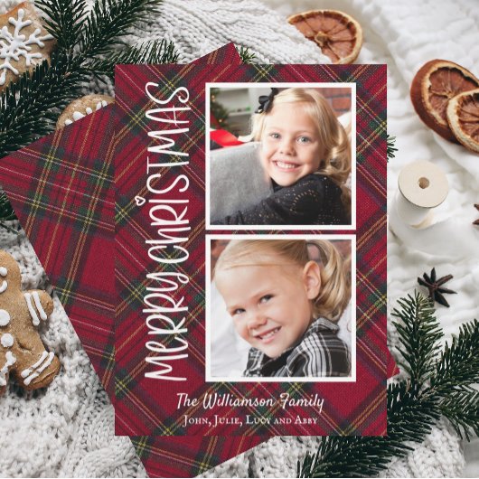 タータンチェッククリスマスプレッドフォトカード2枚 招待状