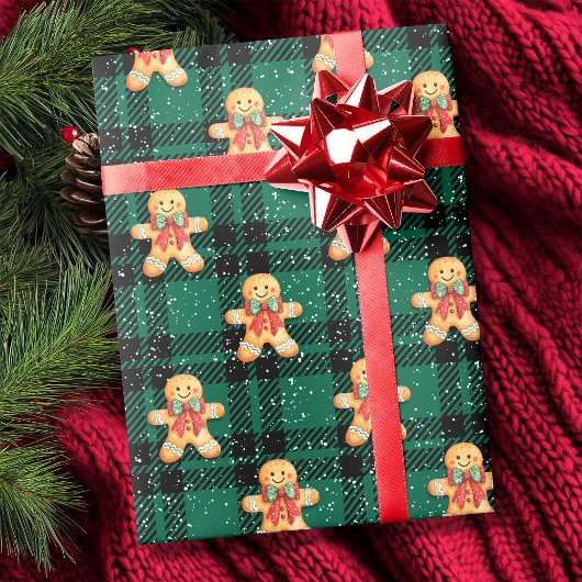 タータンチェックグリーンブラックジンガーブレッド降雪クリスマス ラッピングペーパー