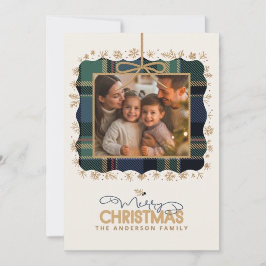 タータンチェックトリムクリスマスワンフォトメッセージID1141B シーズンカード (正面)