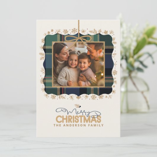 タータンチェックトリムクリスマスワンフォトメッセージID1141B シーズンカード (スタンド正面)