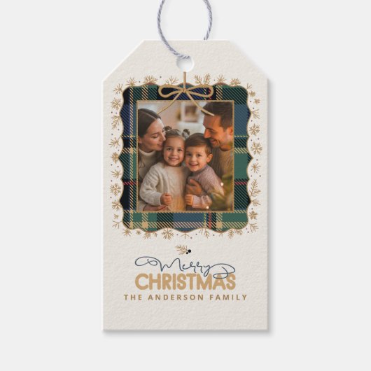 タータンチェックトリムクリスマスワン写真テンプレートID1141B ギフトタグ (正面)