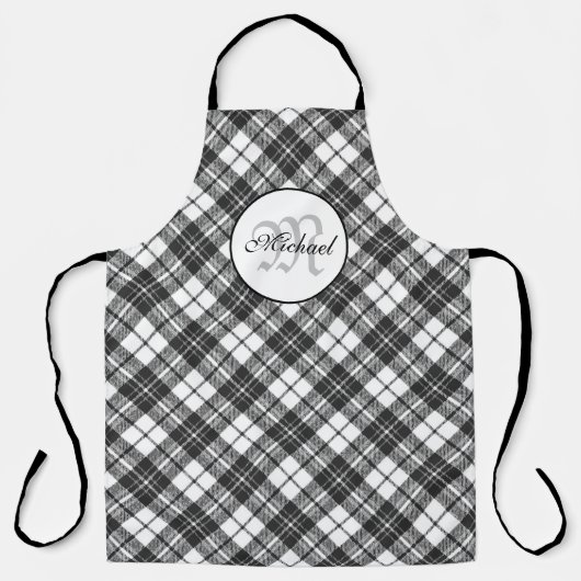 タータンチェックパターンクリスマス白黒モノグラム エプロン (正面)