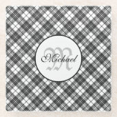 タータンチェックパターンクリスマス白黒モノグラム ガラスコースター (正面)