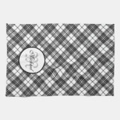 タータンチェックパターンクリスマス白黒モノグラム キッチンタオル (横)