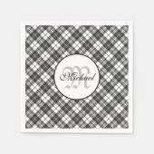 タータンチェックパターンクリスマス白黒モノグラム スタンダードカクテルナプキン (正面)
