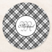 タータンチェックパターンクリスマス白黒モノグラム ラウンドペーパーコースター (正面)