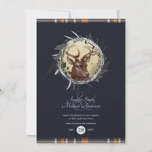 タータンチェックブルー素朴スタグオレンジオールカップルイベント 招待状 (正面)