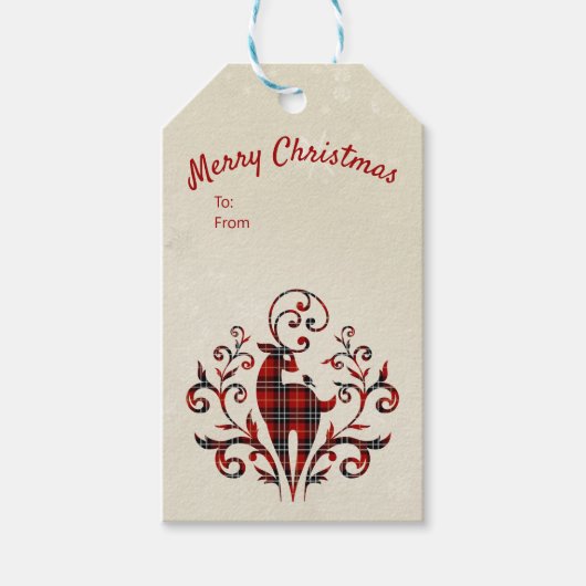 タータンチェックプレイドディアオンスノーフレークデザイン ギフトタグ (正面)