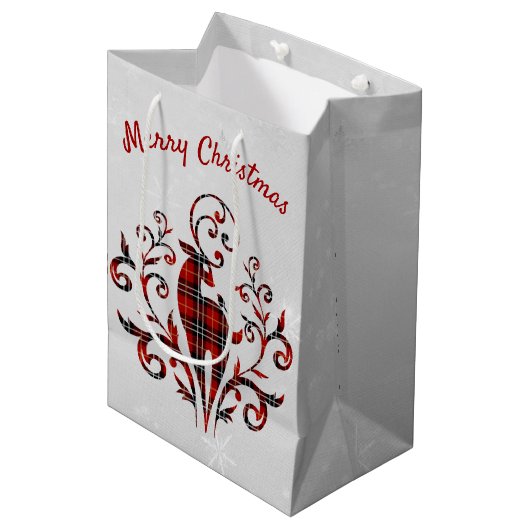 タータンチェックプレイドディアオンスノーフレークデザイン ミディアムペーパーバッグ (正面アングル)