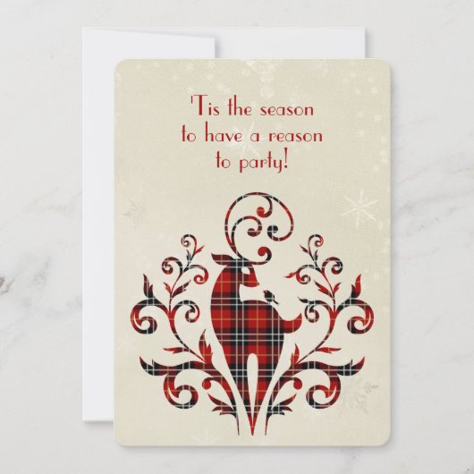 タータンチェックプレイドディアオンスノーフレークデザイン 招待状 (正面)