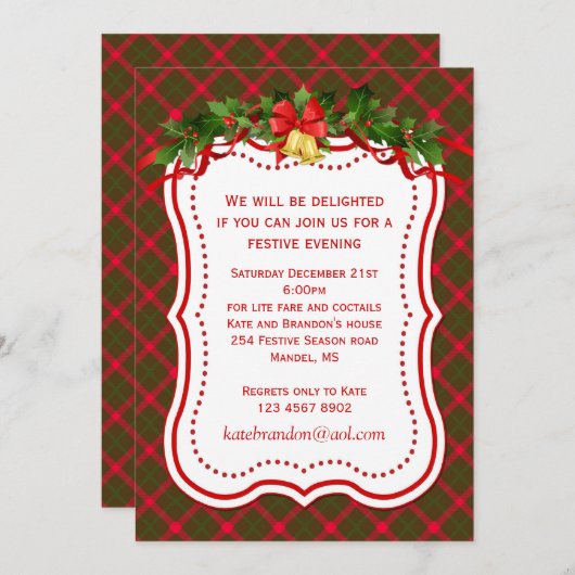 タータンチェックホリーベルズクリスマスパーティの招待状 招待状 (正面/裏面)