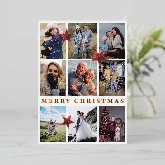 タータンチェックモダンエレガントコラージュ10写真ファミリー 箔シーズンカード (立ち正面)