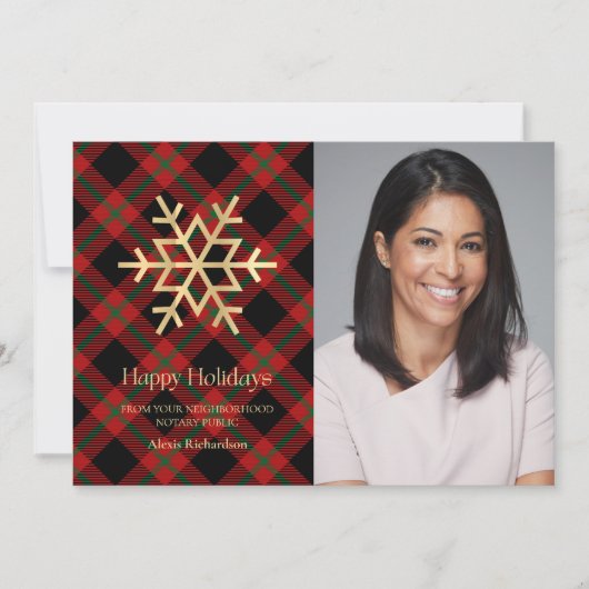タータンチェックモダン金ゴールドスノーフレーク公証人ハッピーホリデーズ シーズンカード (正面)