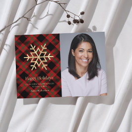 タータンチェックモダン金ゴールドスノーフレーク公証人ハッピーホリデーズ シーズンカード