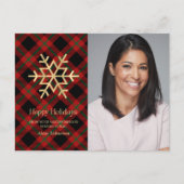 タータンチェックモダン金ゴールドスノーフレーク公証人ハッピーホリデーズ シーズンポストカード (正面)