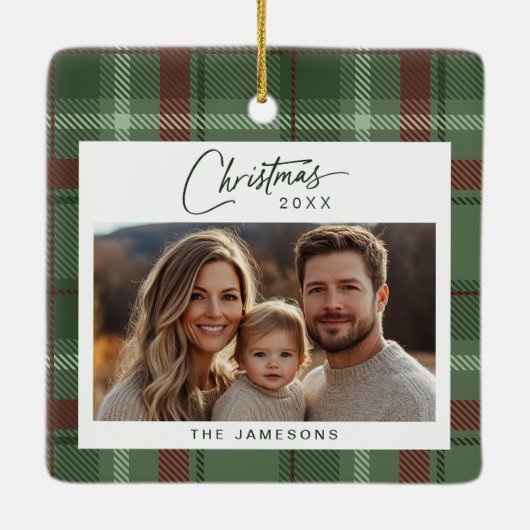 タータンチェック格子写真クリスマス セラミックオーナメント (裏面)