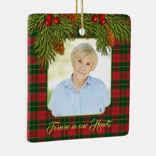 タータンチェック格子松の枝メモリアル写真クリスマス セラミックオーナメント (右)