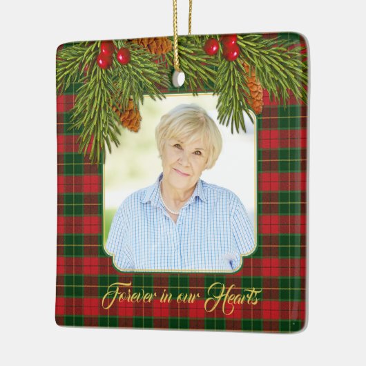 タータンチェック格子松の枝メモリアル写真クリスマス セラミックオーナメント (左)