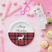 タータンチェック格子模様の赤いクリスマスホワイトディアー ペーパープレート (パーティー)