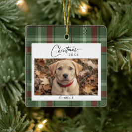 タータンチェック格子犬フォトクリスマス セラミックオーナメント