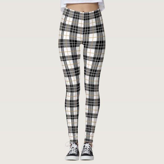 タータンチェック格子白、黒、金ゴールドクリスマス レギンス (正面)