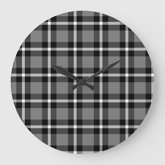 タータンチェック格子縞の黒、灰色及び白第48 ラージ壁時計 (正面)