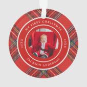 タータンチェック格子赤色 |個人用初めてのクリスマスの写真 オーナメント (裏面)
