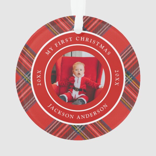 タータンチェック格子赤色 |個人用初めてのクリスマスの写真 オーナメント (裏面)