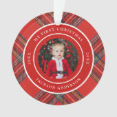 タータンチェック格子赤色 |個人用初めてのクリスマスの写真 オーナメント (正面)