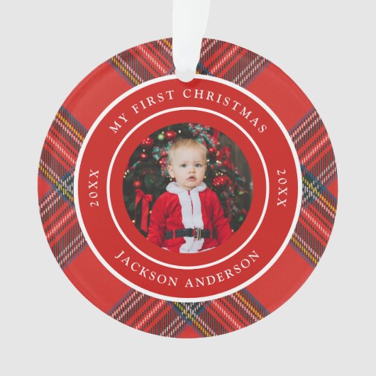 タータンチェック格子赤色 |個人用初めてのクリスマスの写真 オーナメント (正面)
