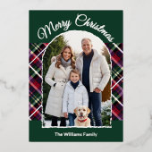 タータンチェック素朴格子模様アーチ写真グリーンクリスマス 箔シーズンカード (正面)